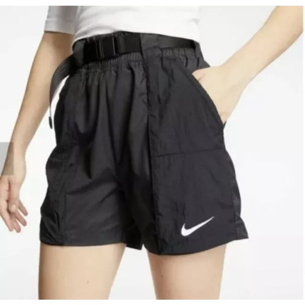 Nike Women's Glossy Black Loose Fit Woven Belted Shorts Size Medium